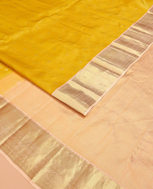 Yellow Vasundhara Lite Silk Mix Saree, Subtly Sparkled with Buttas on Its Body, Complemented by Contrast Border of Traditional Zari Designs, Gleaming Jaal Pallu, and Paired with a Contrast Blouse