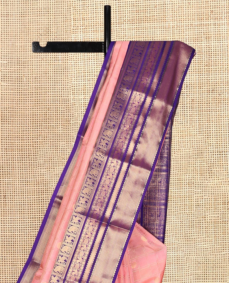 Pink Vasundhara Lite Silk Mix Saree, Sparsely Woven with Zari Butta Enclosed Checks, a Contrast Border of Neli, Kuthirai, Yaanai, Rudraksham, Mayil, and Kuyil Kann Designs, Grand Pallu, and a Contrast Blouse