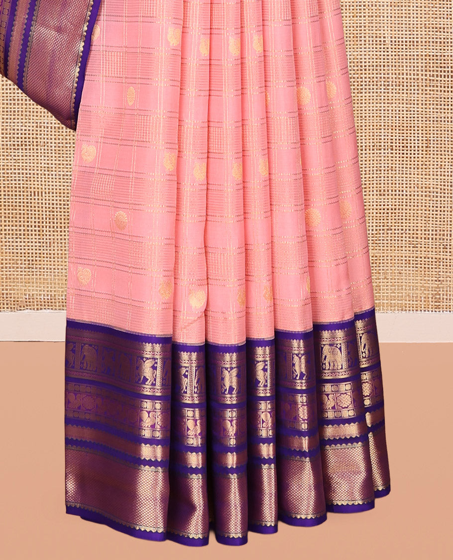Pink Vasundhara Lite Silk Mix Saree, Sparsely Woven with Zari Butta Enclosed Checks, a Contrast Border of Neli, Kuthirai, Yaanai, Rudraksham, Mayil, and Kuyil Kann Designs, Grand Pallu, and a Contrast Blouse