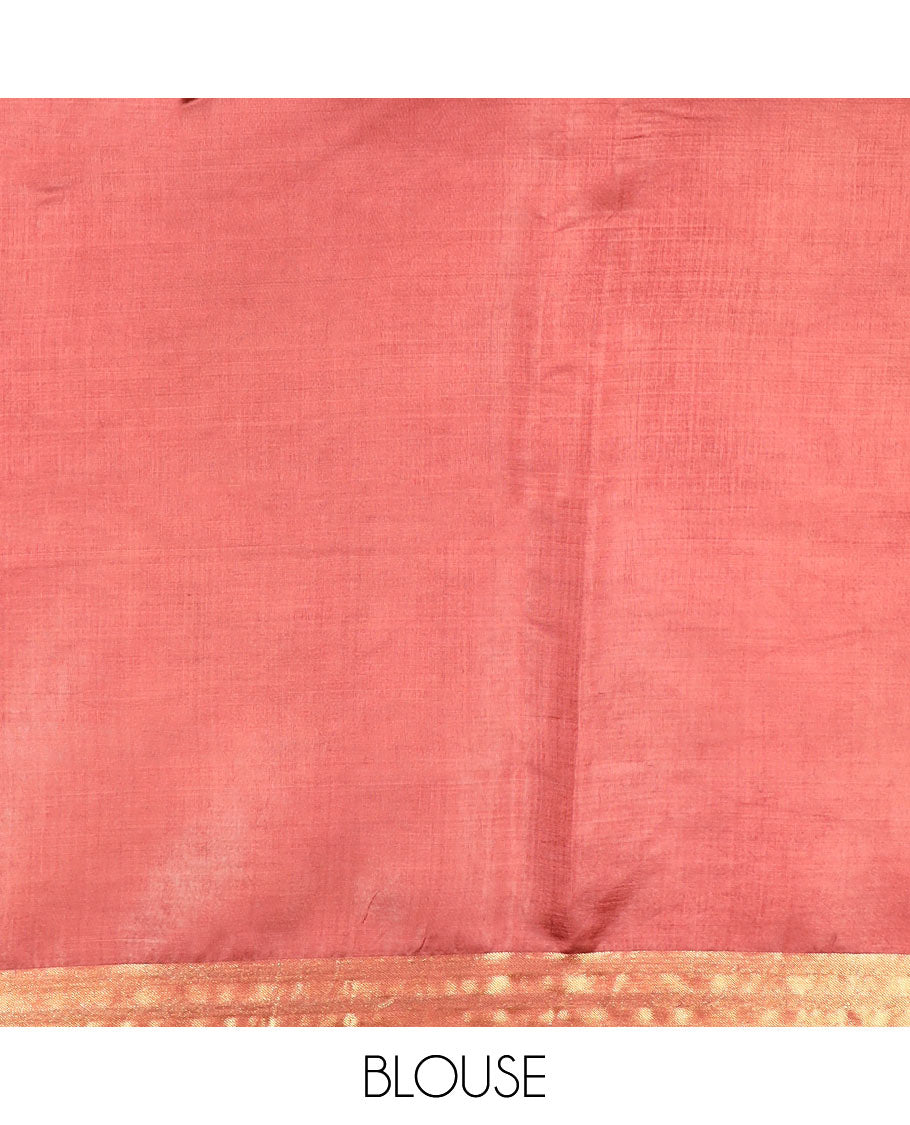 Terracotta red diamond buttas banana pith saree, silver and gold bavanji border, and zari striped pallu