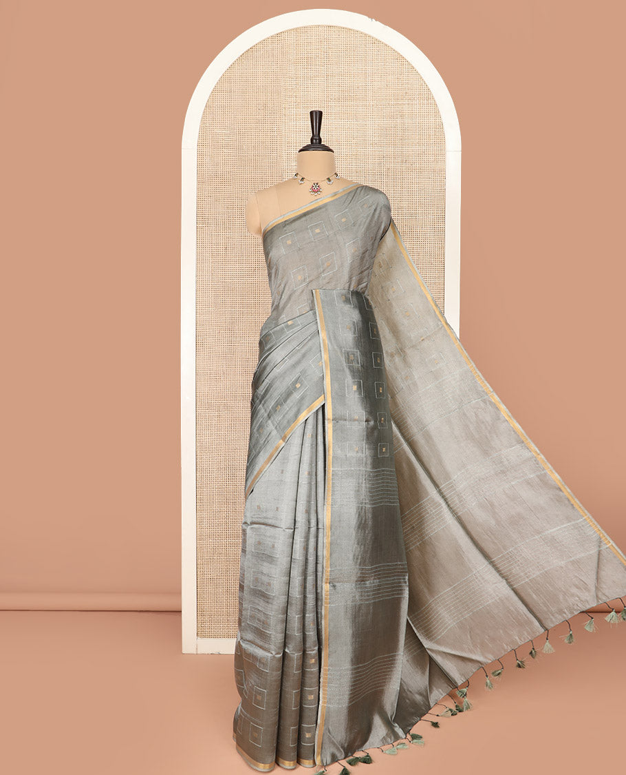 Grey Banana Pith Saree Woven with Zari Buttas Enclosed Squares, Subtly