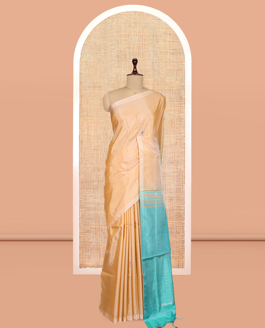 Borderless Sandal Banana Pith Saree, Woven with Stripes and Buttas, Complemented by a Contrast Pallu of Stripes and Buttas, and a Contrast Blouse