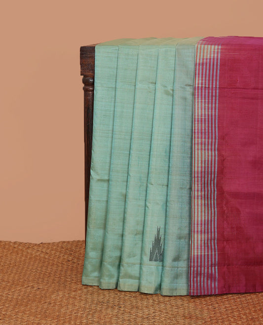 Borderless green temple buttas banana pith saree, contrast pallu of stripes and temple design