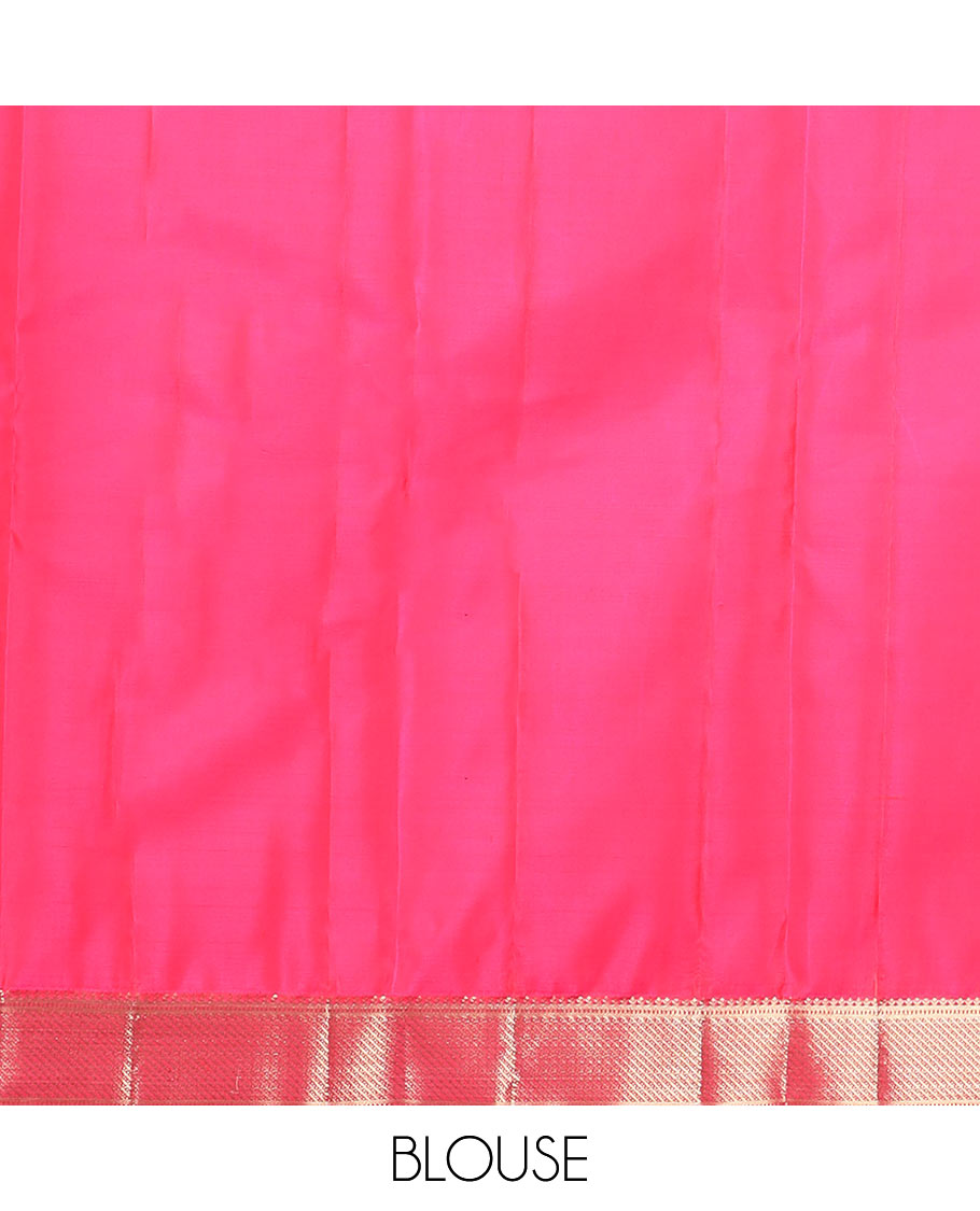 Pink zari design silk saree, zari border of salangai, muthu, and diagonal stripes, and zari design pallu