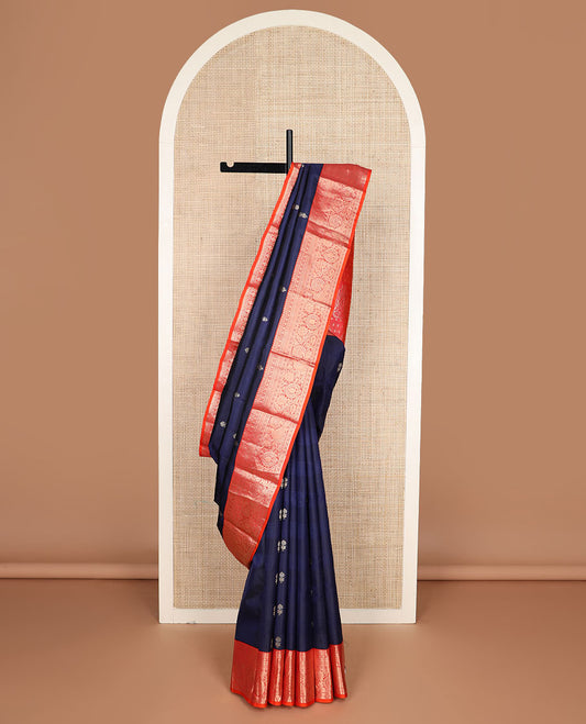 Blue zari buttas silk saree, contrast traditional kanchi motifs woven border & intricate pallu