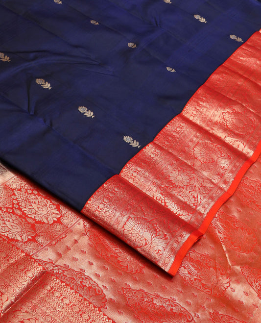 Blue zari buttas silk saree, contrast traditional kanchi motifs woven border & intricate pallu