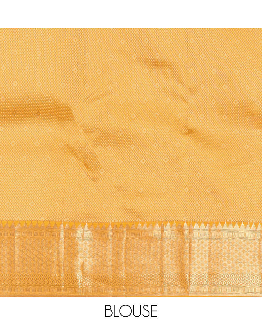 Mango yellow plain silk saree, zari border of thazampoo rekku & geometric patterns & vanki pallu