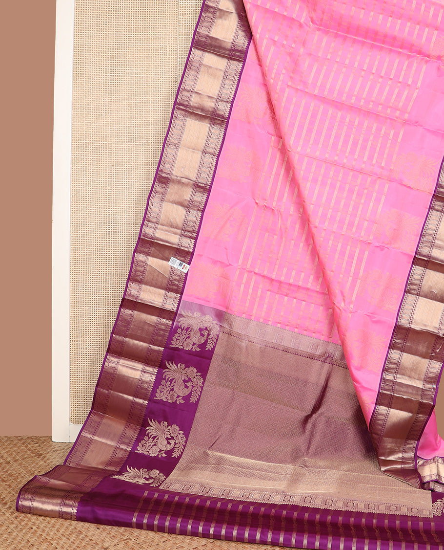Pink zari design silk saree, contrast border of rekku, poun, banaras, zari stripes, and mayil kann designs, and jaal pallu