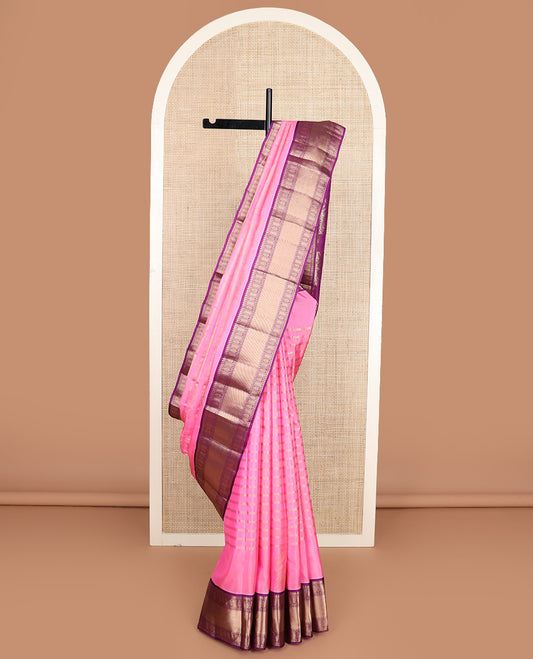 Pink zari design silk saree, contrast border of rekku, poun, banaras, zari stripes, and mayil kann designs, and jaal pallu