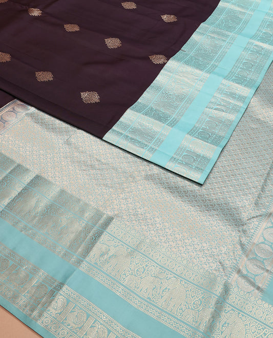 Brown zari buttas silk saree with contrast rettai pettu border of thilakam, yaanai, neli, and mayil designs, and intricate pallu