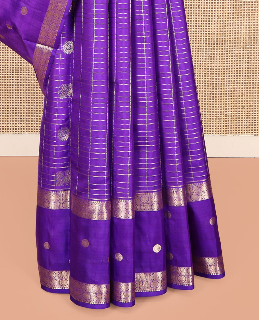 Violet Vasundhara Silk Saree, Embellished with Mayil-Chakram Buttas and Checks, Highlighted by a Zari Mayil-Chakram Border, Scallop Design Pallu, and a Matching Blouse