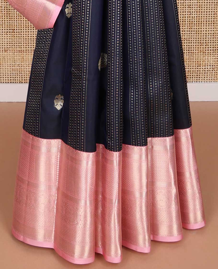 Dark blue floral design silk saree with contrast border of rekku, ara madam design & zari design pallu
