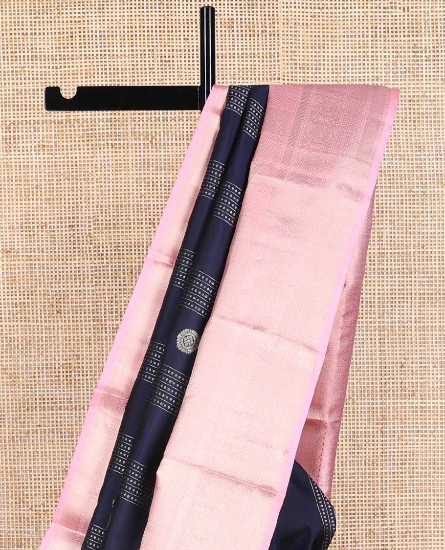 Dark blue floral design silk saree with contrast border of rekku, ara madam design & zari design pallu