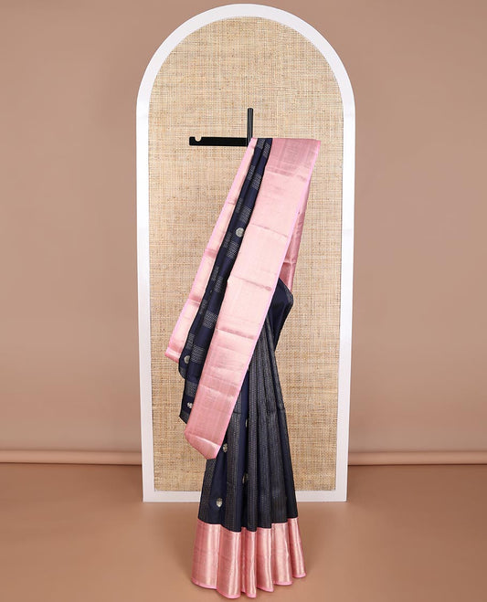 Dark blue floral design silk saree with contrast border of rekku, ara madam design & zari design pallu