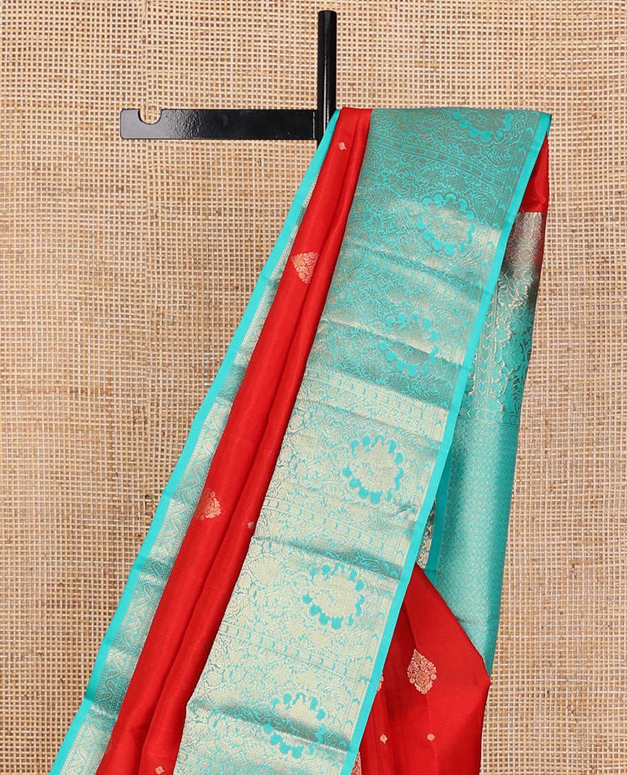 Red zari buttas silksaree,contrast pallu of jaal & mayil & border of rekku,kuyil kann,kathir,mayil & kodi visiry design