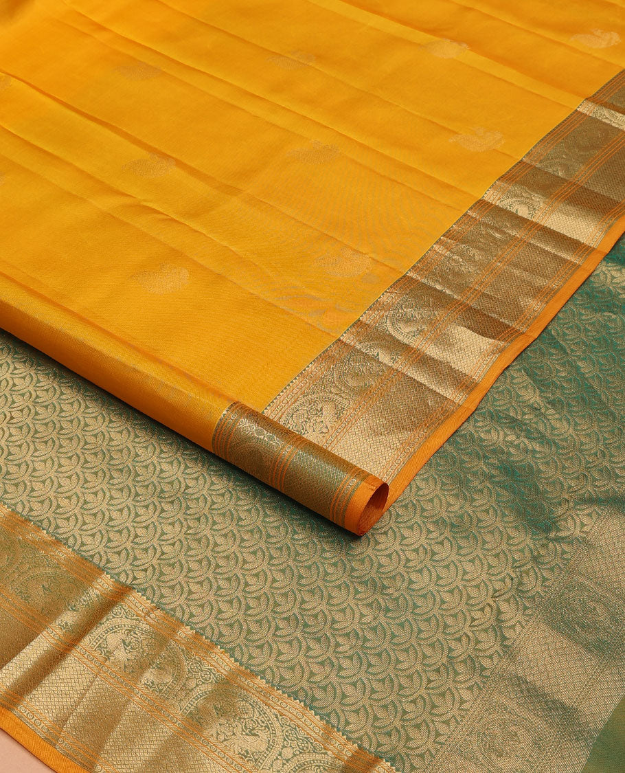 Yellow zari buttas silksaree, contrast scallop design pallu & border of rekku,banaras,mayil kann, chakram & mayil designs