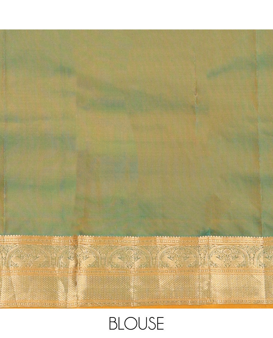 Yellow zari buttas silksaree, contrast scallop design pallu & border of rekku,banaras,mayil kann, chakram & mayil designs