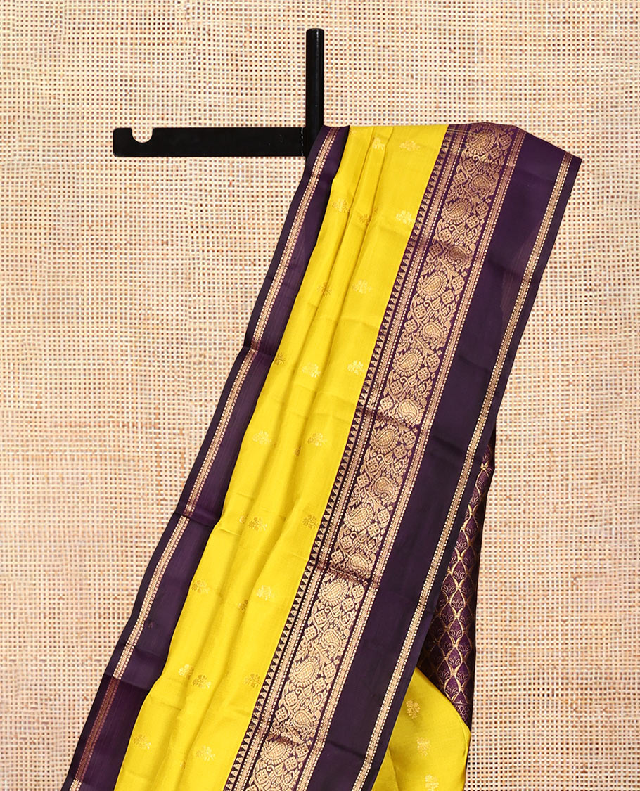 Yellow Vasundhara Silk Saree, Sparsely Woven with Zari Buttas, Contrast Rettai Pettu Border of Rekku, Muthu, Kathir, and Kodi Manga Designs, Intricate Pallu, and Contrast Blouse