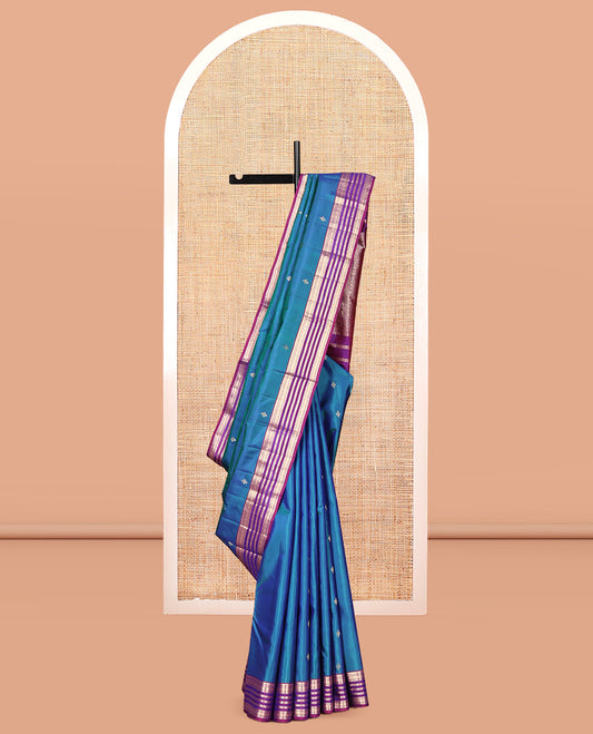 Blue Vasundhara Silk Saree, Enthralled with Zari Buttas, Complemented by a Contrast Border of Rekku, Muthu, Neli, and Chakram Designs, Grand Pallu, and a Contrast Blouse