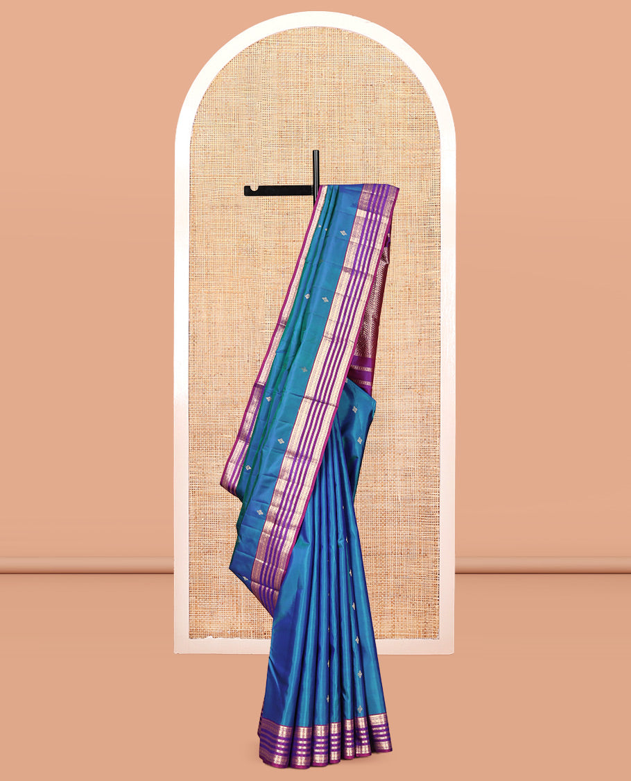 Blue Vasundhara Silk Saree, Enthralled with Zari Buttas, Complemented by a Contrast Border of Rekku, Muthu, Neli, and Chakram Designs, Grand Pallu, and a Contrast Blouse
