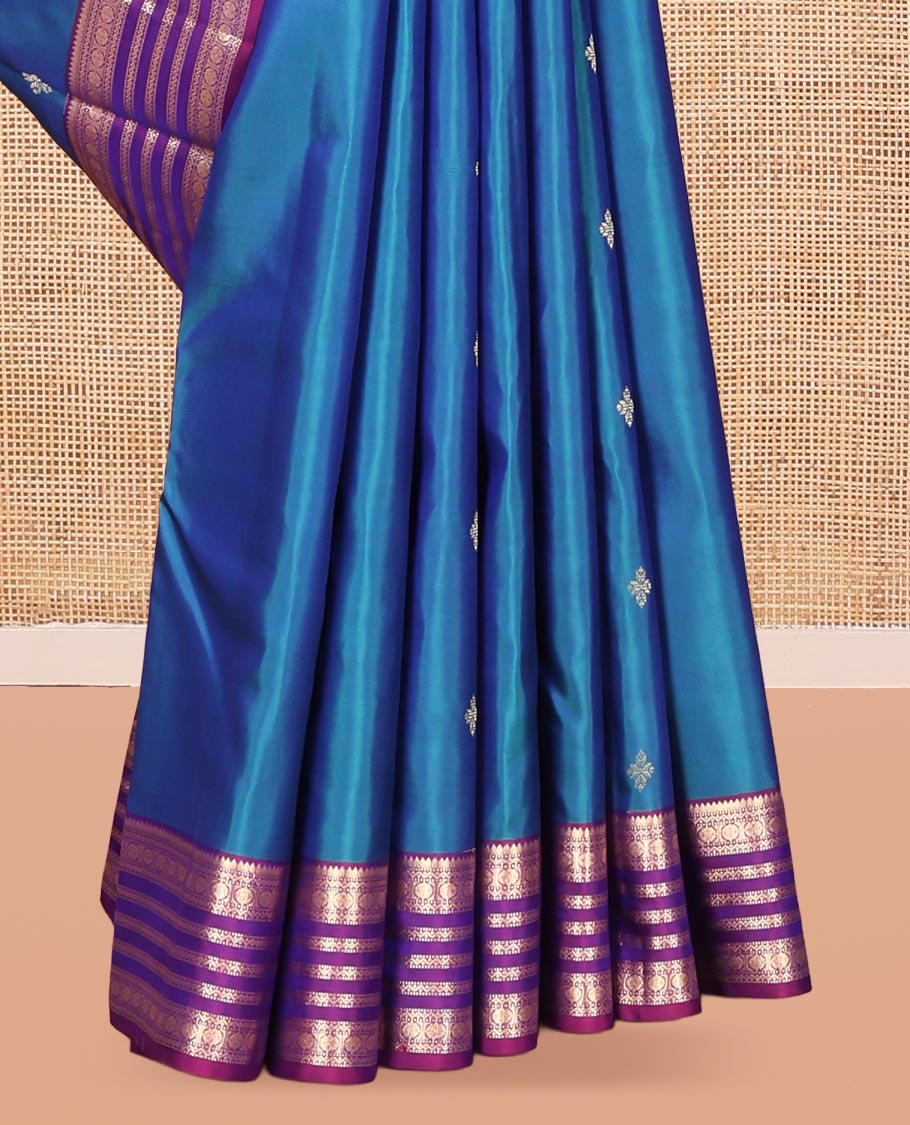Blue Vasundhara Silk Saree, Enthralled with Zari Buttas, Complemented by a Contrast Border of Rekku, Muthu, Neli, and Chakram Designs, Grand Pallu, and a Contrast Blouse