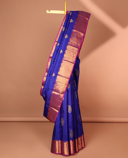 Blue manga buttas silk saree with contrast traditional zari border & intricate  zari design pallu