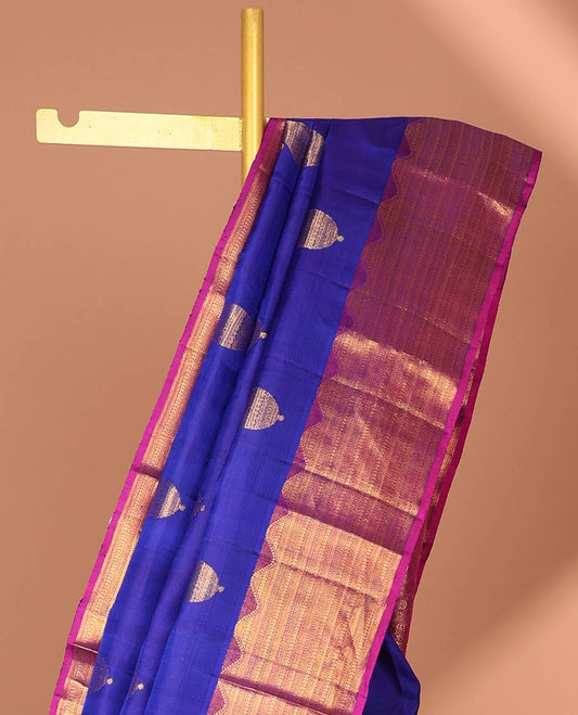 Blue manga buttas silk saree with contrast traditional zari border & intricate  zari design pallu