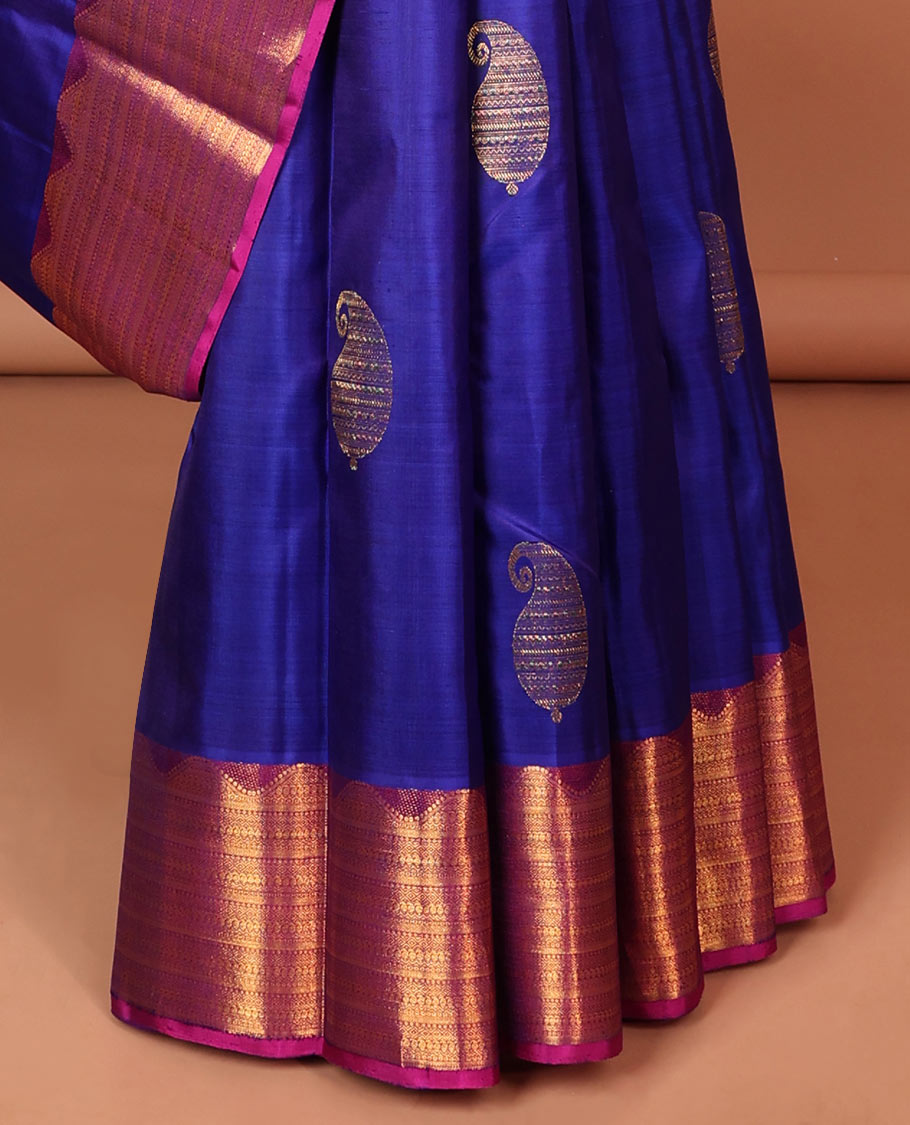 Blue manga buttas silk saree with contrast traditional zari border & intricate  zari design pallu