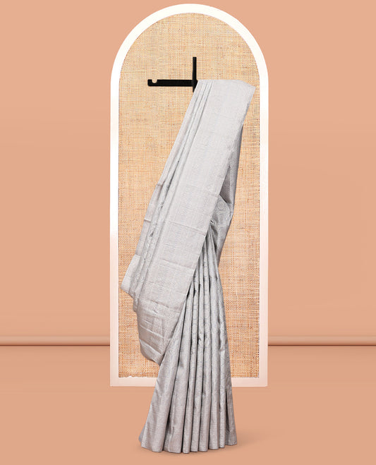 Grey Kanchipuram Wedding Silk Saree Features Chakram Jacquard Design, a Sparsely Woven Zari Border, Ogee Pallu, and a Matching Blouse