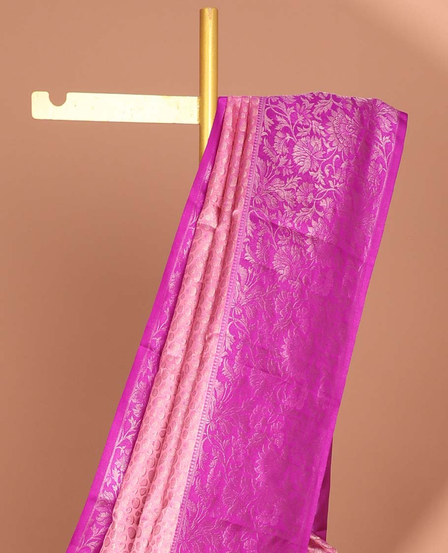 peach  floral jacquard kancheepuram silk saree with contrast zari border & argyle zari design pallu