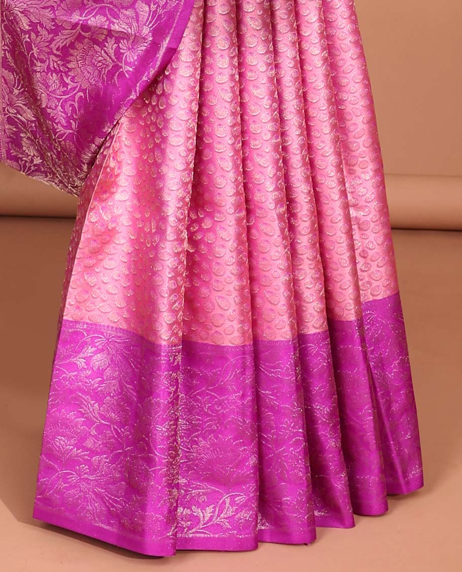 peach  floral jacquard kancheepuram silk saree with contrast zari border & argyle zari design pallu