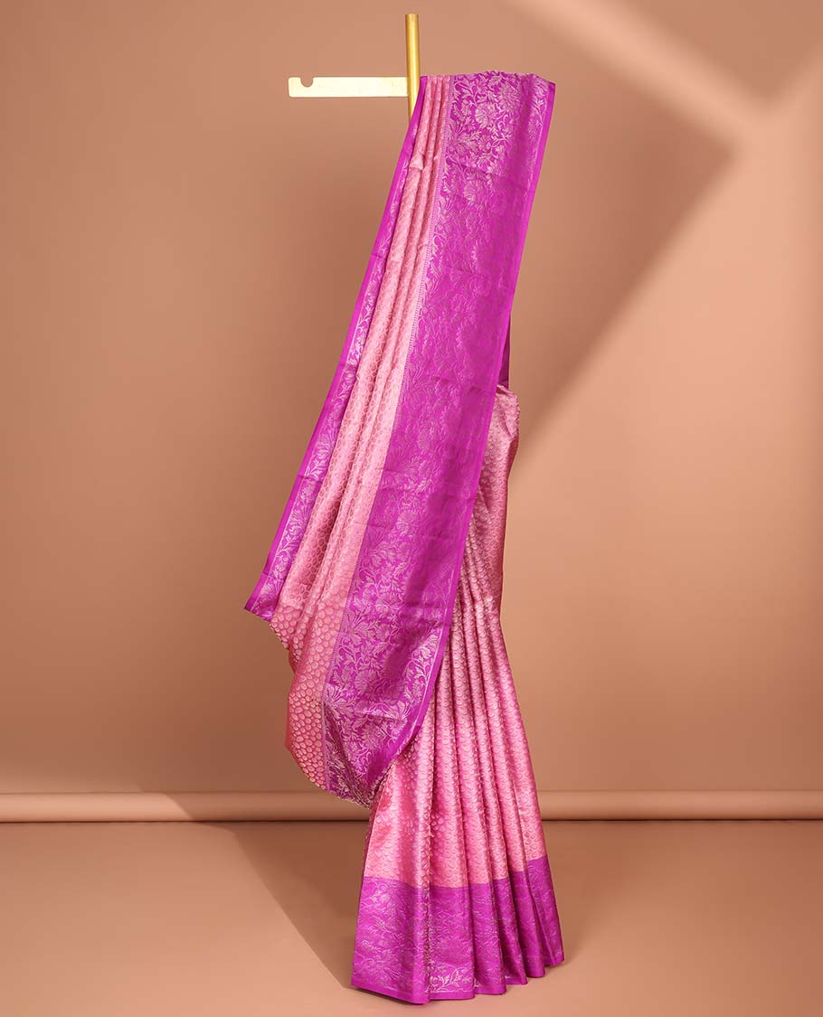 peach  floral jacquard kancheepuram silk saree with contrast zari border & argyle zari design pallu