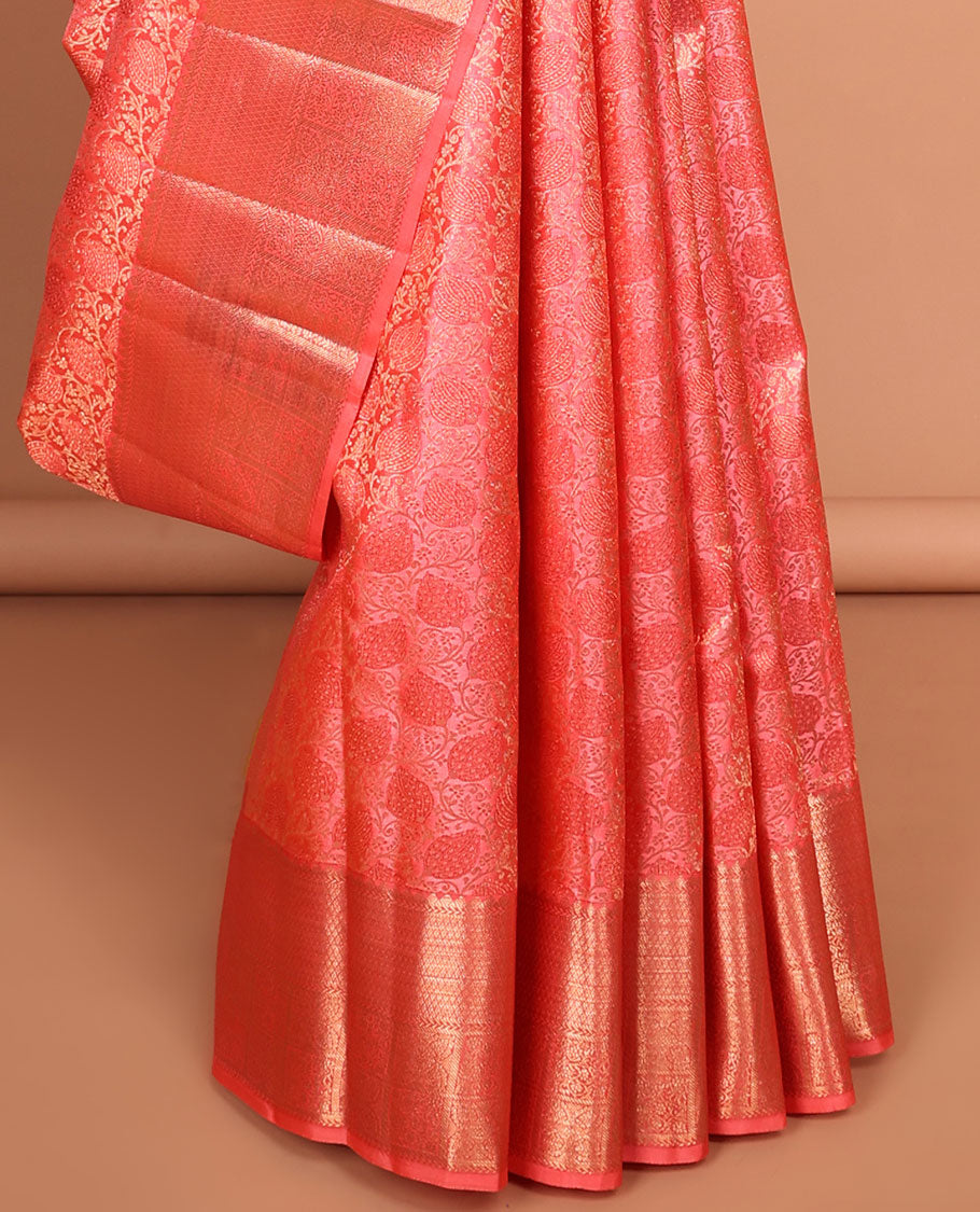 Red floral jacquard kancheepuram silk saree with self border of rekku, kathir, kuyil kann design & zari design pallu