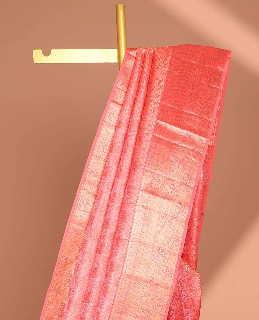 Red floral jacquard kancheepuram silk saree with self border of rekku, kathir, kuyil kann design & zari design pallu