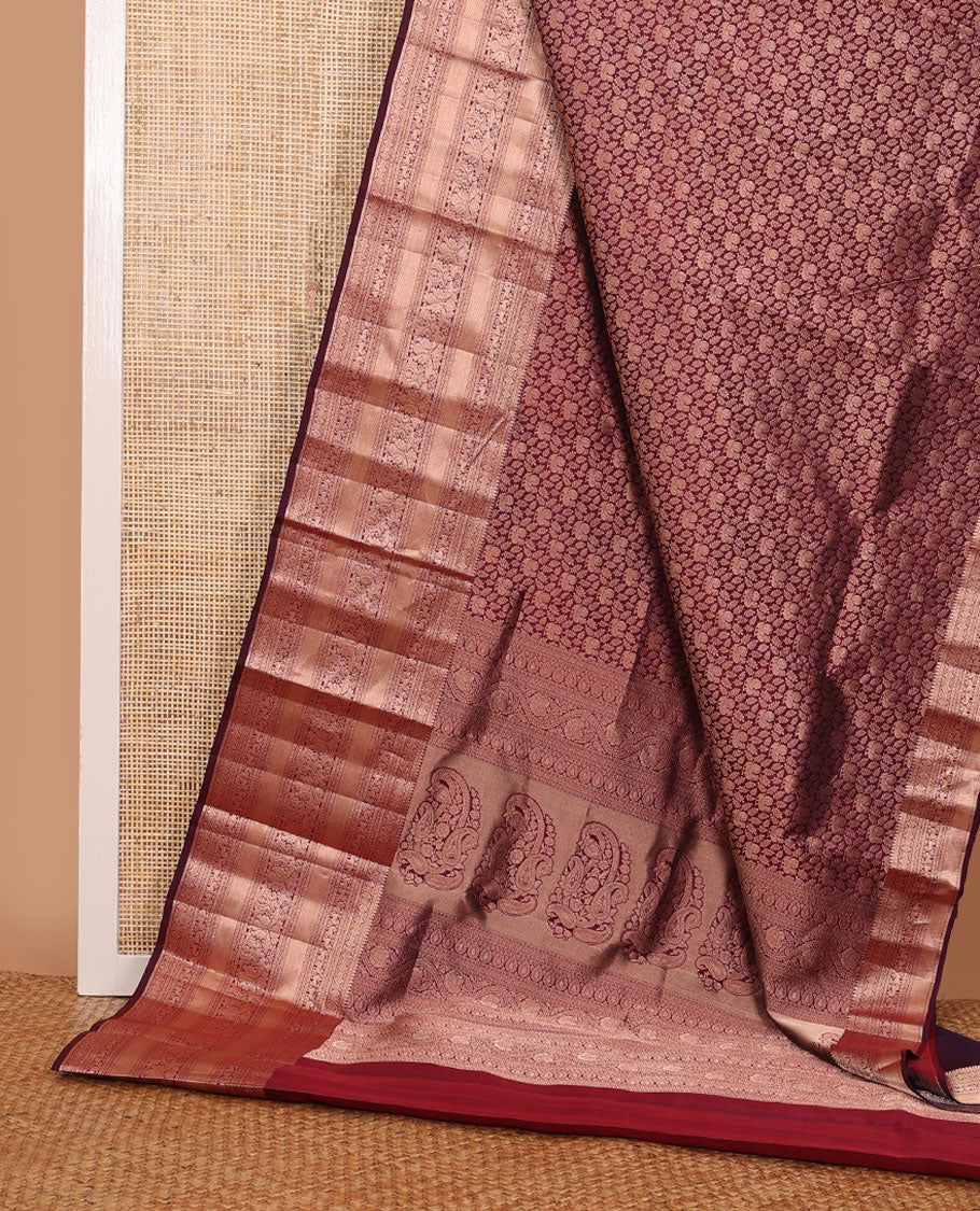 Maroon mayil & floral jacquard wedding silk saree, zari border of rekku,Muthu,yaali & mayil & intricately accentuated pallu