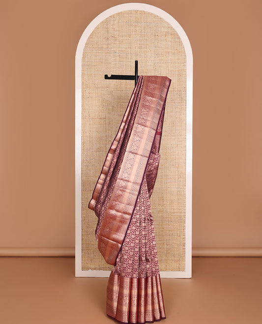 Maroon mayil & floral jacquard wedding silk saree, zari border of rekku,Muthu,yaali & mayil & intricately accentuated pallu