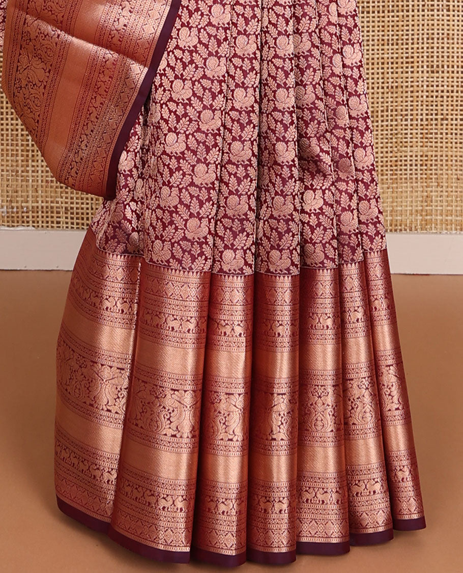 Maroon mayil & floral jacquard wedding silk saree, zari border of rekku,Muthu,yaali & mayil & intricately accentuated pallu