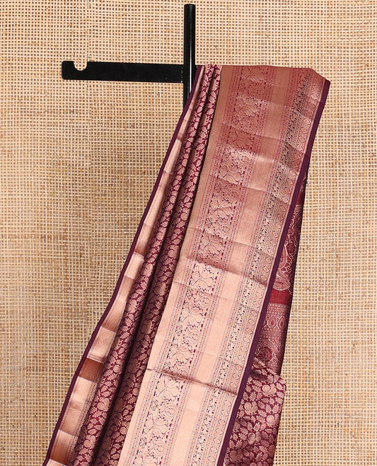 Maroon mayil & floral jacquard wedding silk saree, zari border of rekku,Muthu,yaali & mayil & intricately accentuated pallu