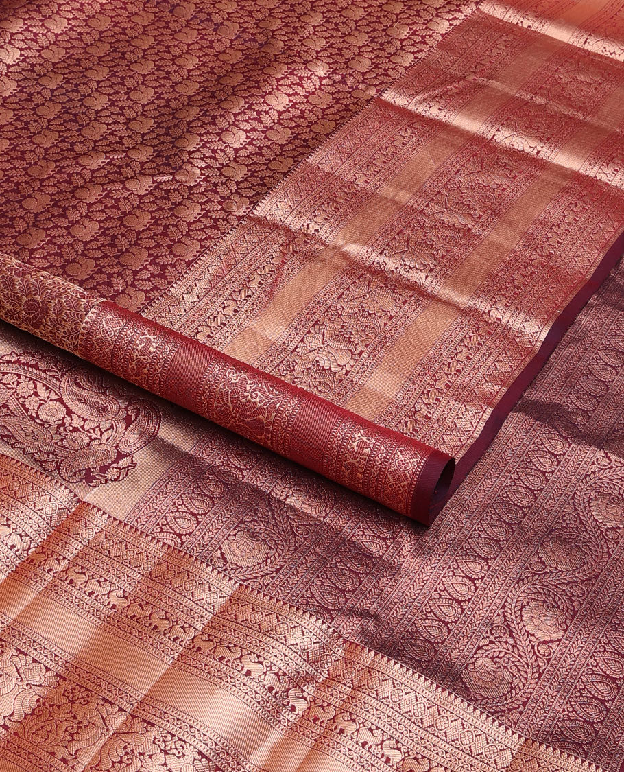 Maroon mayil & floral jacquard wedding silk saree, zari border of rekku,Muthu,yaali & mayil & intricately accentuated pallu