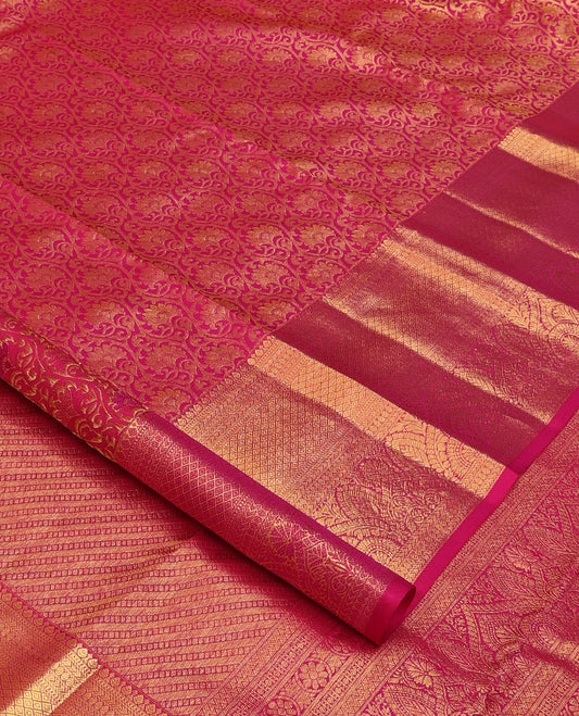 Pink jacquard wedding silk saree, zari border of thilakam,muthu,kathir,mayil kann, and chakram designs, and intricate pallu