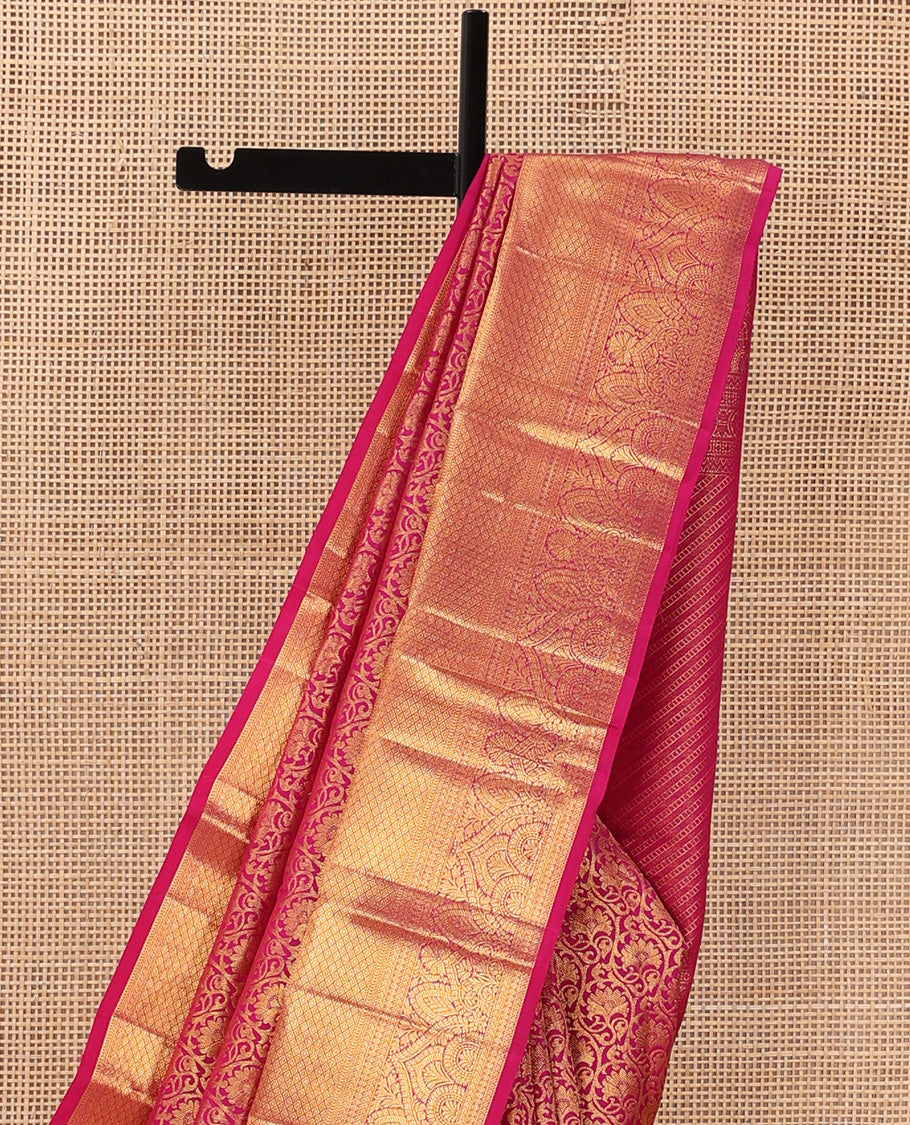 Pink jacquard wedding silk saree, zari border of thilakam,muthu,kathir,mayil kann, and chakram designs, and intricate pallu