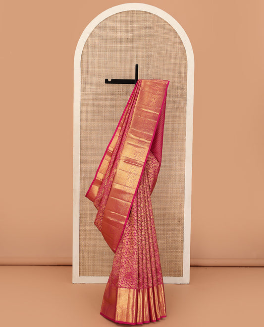 Pink jacquard wedding silk saree, zari border of thilakam,muthu,kathir,mayil kann, and chakram designs, and intricate pallu