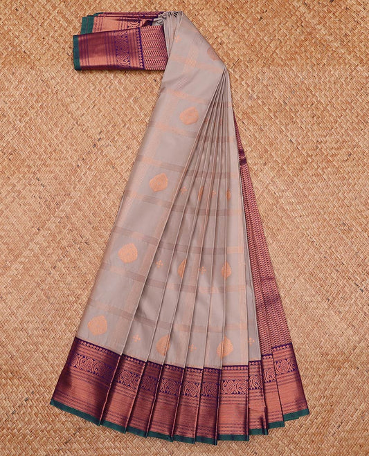 Grey butta enclosed checked gift saree, contrast traditional zari border, and intricate pallu