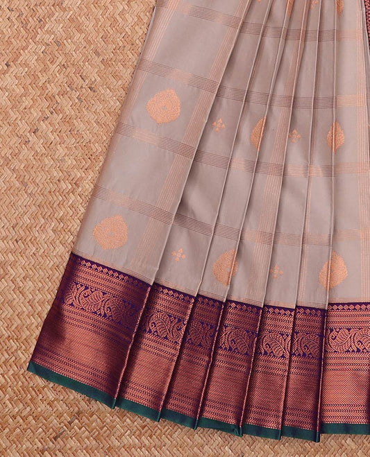 Grey butta enclosed checked gift saree, contrast traditional zari border, and intricate pallu