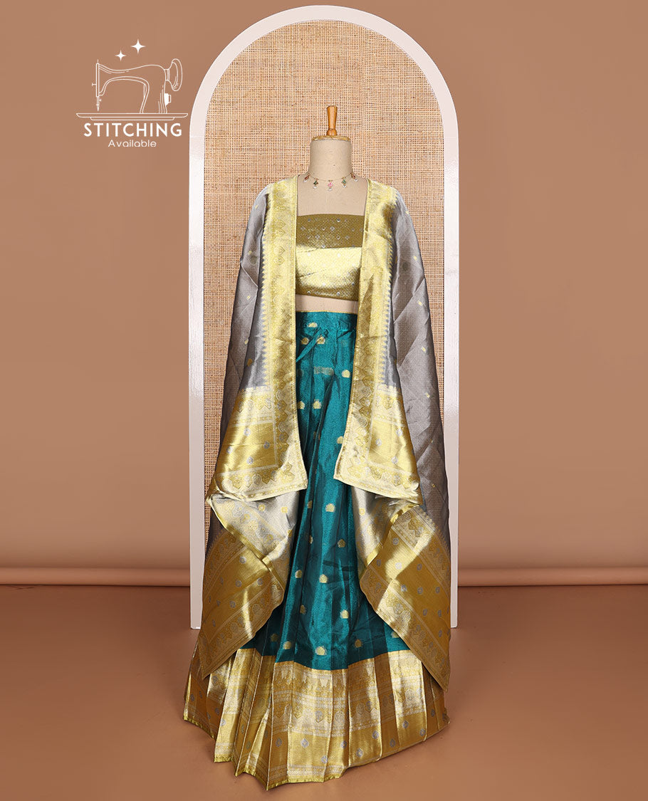 Blue floral buttas tissue half saree with contrast zari design border, jaal zari design blouse & floral design dhavani