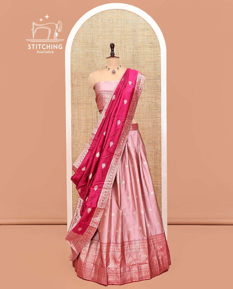 Pink Art Silk Half Saree, Bedecked with Buttas Skirt, Contrast Traditional Border, Matching Blouse, and a Contrast Banaras Dhavani