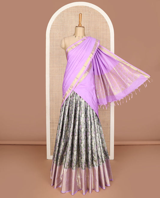 Grey art silk half saree, floral meena jacquard with contrast traditional zari border skirt, jacquard contrast blouse and zari woven dhavani