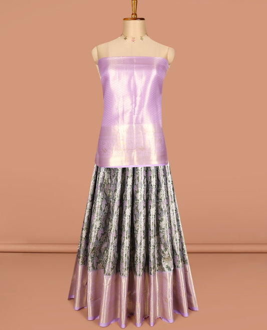Grey art silk half saree, floral meena jacquard with contrast traditional zari border skirt, jacquard contrast blouse and zari woven dhavani