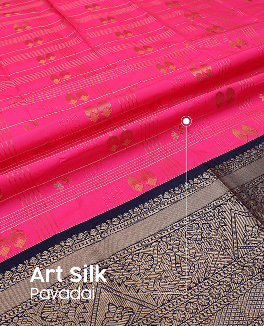 Pink art silk pavadai set, zari design with contrast traditional zari bordered skirt and a contrast zari design blouse