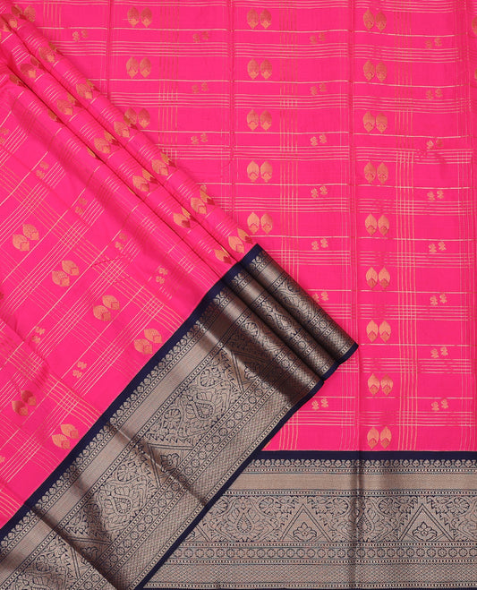 Pink art silk pavadai set, zari design with contrast traditional zari bordered skirt and a contrast zari design blouse